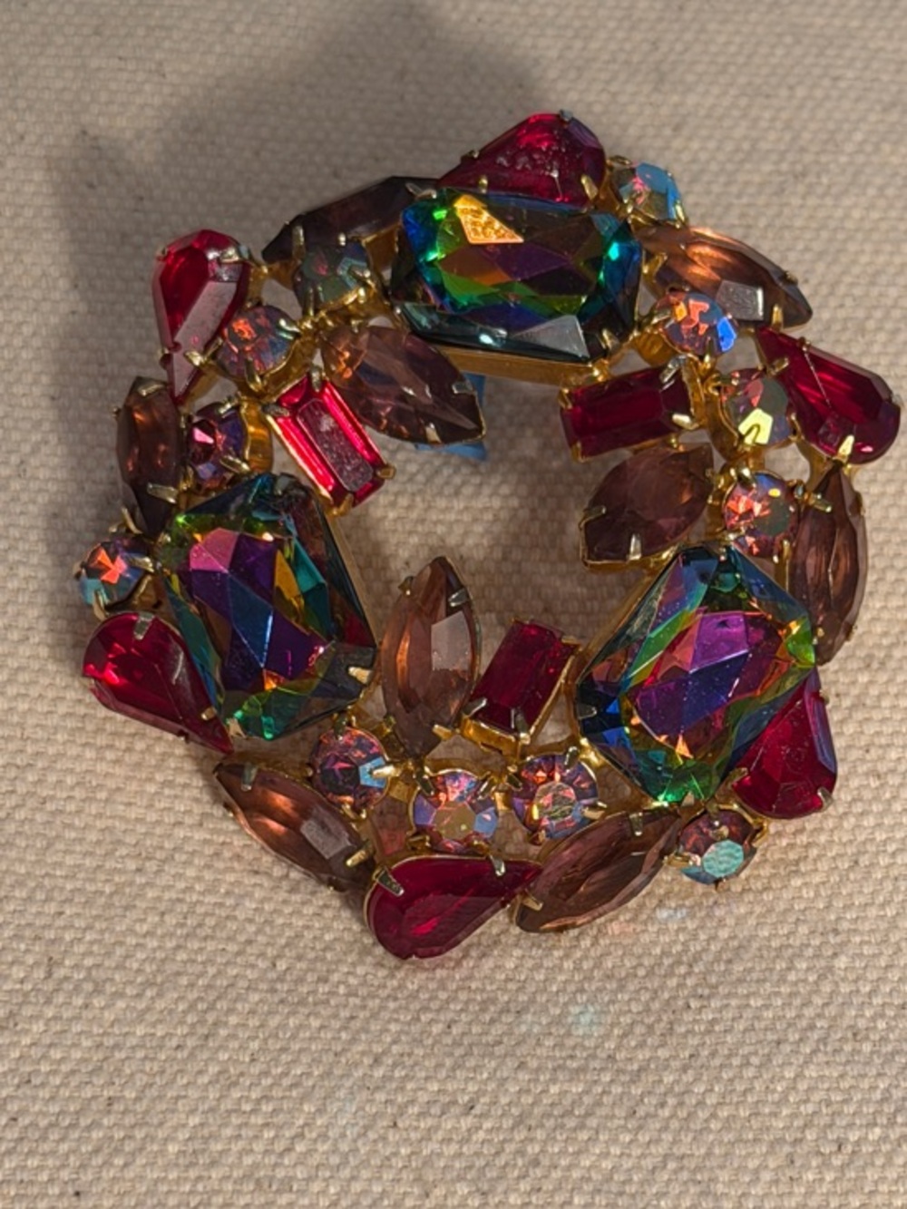 Multicolor Crystal Wreath Brooch - Vibrant Red and Aurora Stones